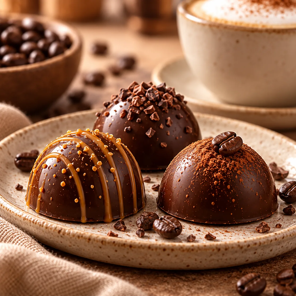 Three homemade cappuccino capsules served with a cup